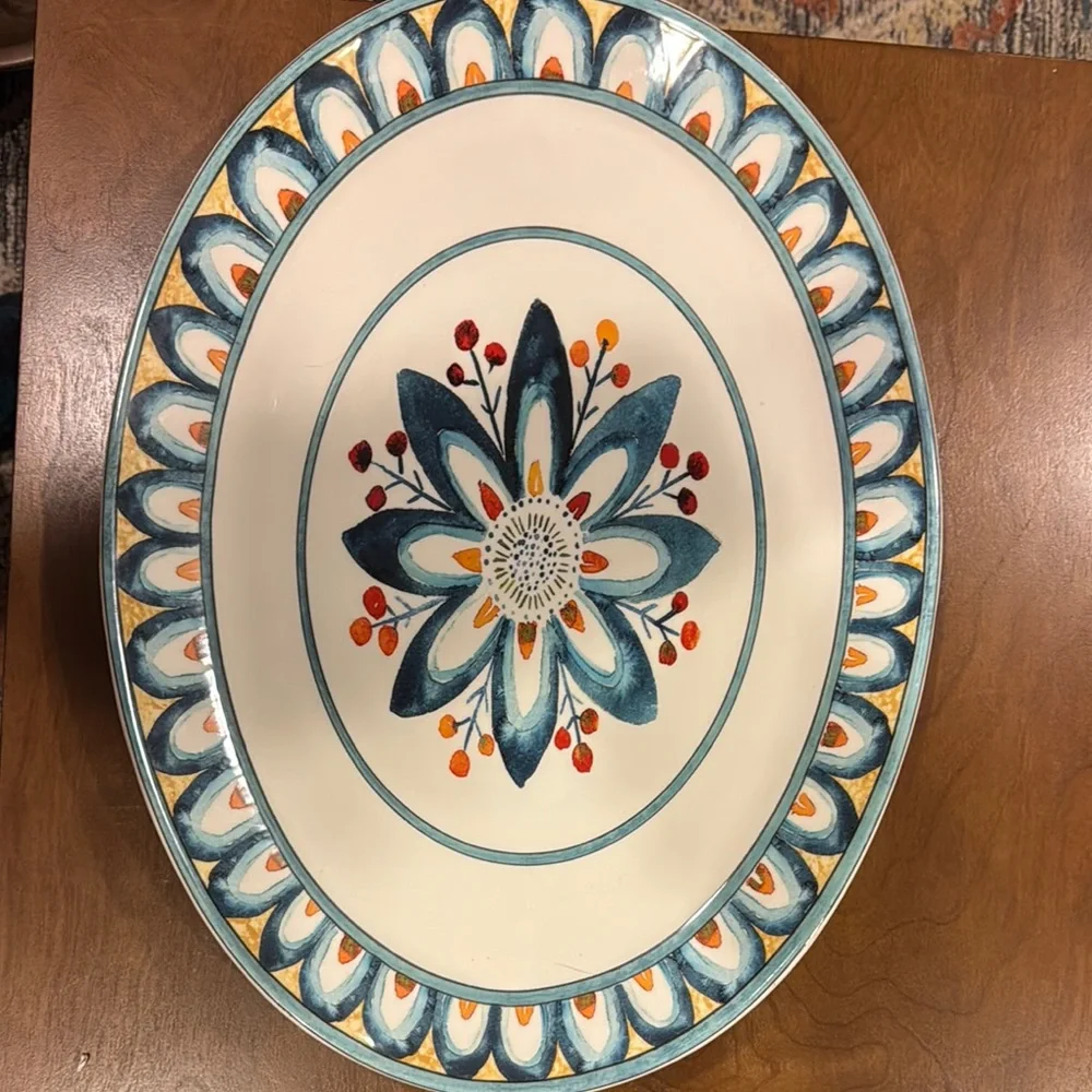 Floral Oval Platter - Blue and Orange Design